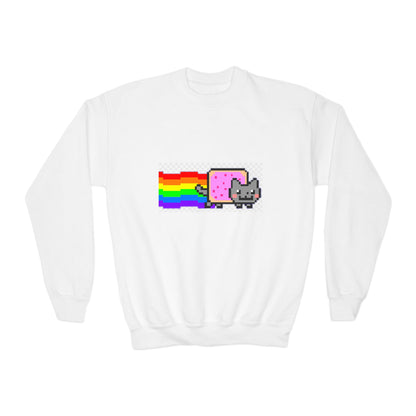 Nyan Cat Youth Crewneck Sweatshirt — Retro Pixel Rainbow Cat Pullover