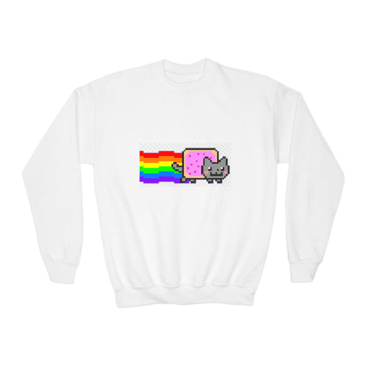 Nyan Cat Youth Crewneck Sweatshirt — Retro Pixel Rainbow Cat Pullover