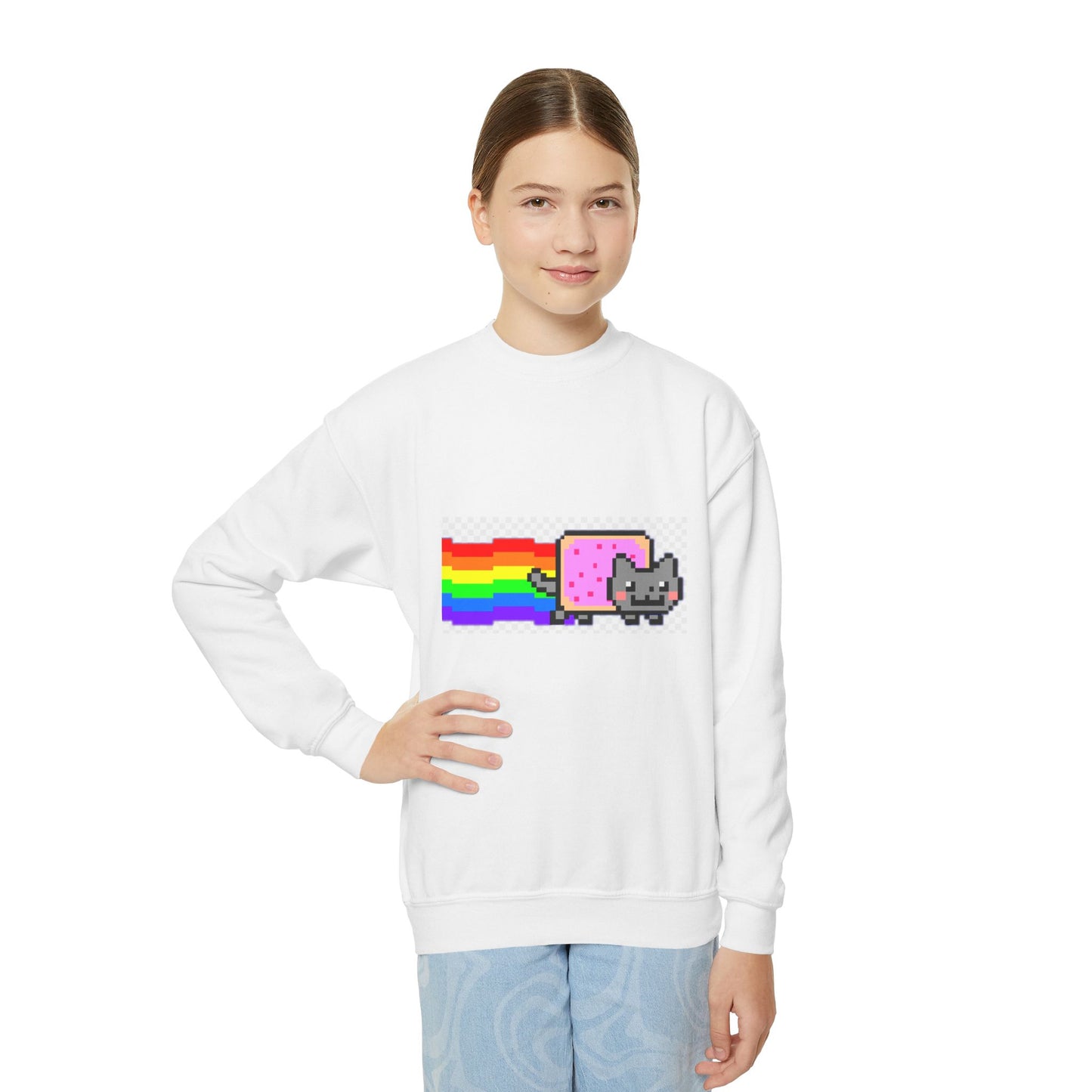 Nyan Cat Youth Crewneck Sweatshirt — Retro Pixel Rainbow Cat Pullover